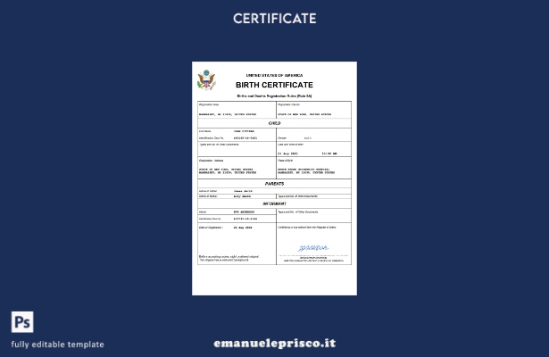 Certificato di nascita USA in stile verificato Modello Word e PDF
